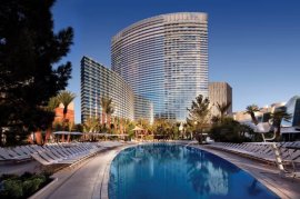 One of three pools on the main pool desk at the Aria Resort & Casino.